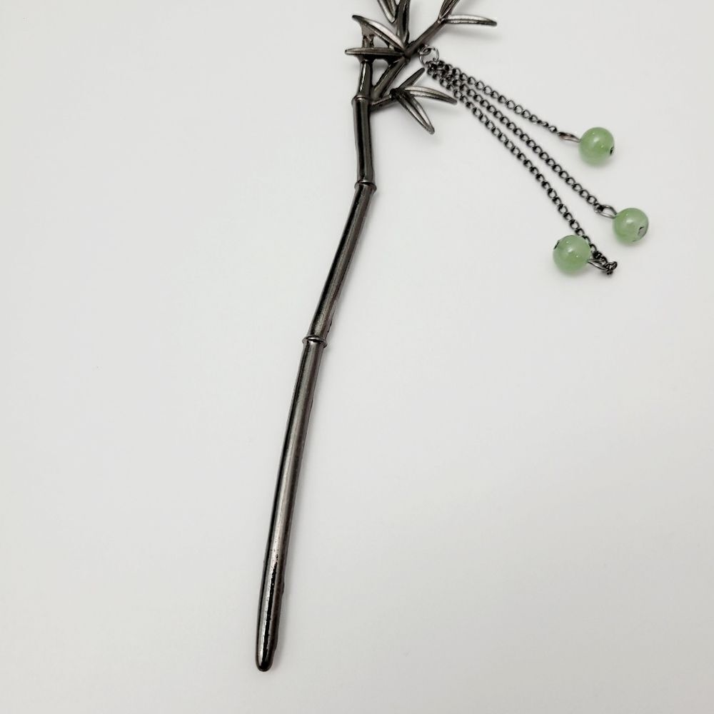 Brand New Titanium Black Bamboo With Green Jade Hair Pin - Picture 3 of 7